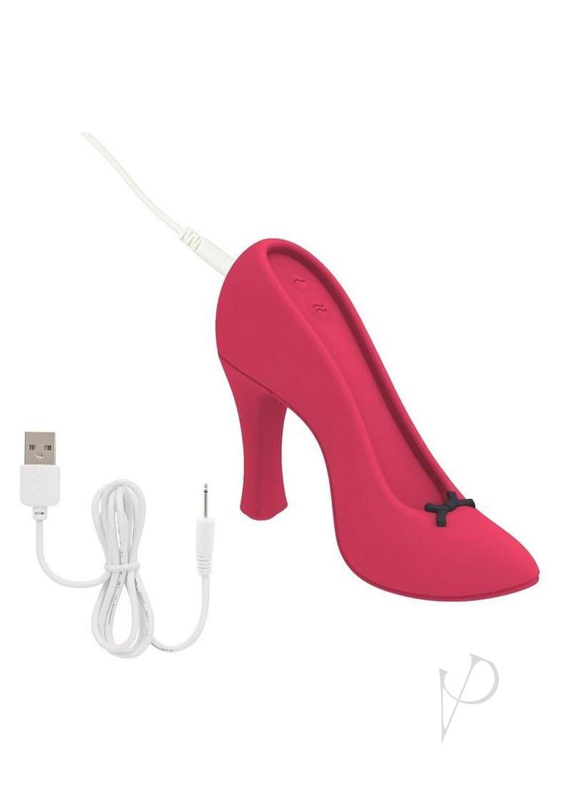 Power Pump Dual Motor Rechargeable Silicone Vibrator Red displayed in high heel shoe design with USB charging cable.