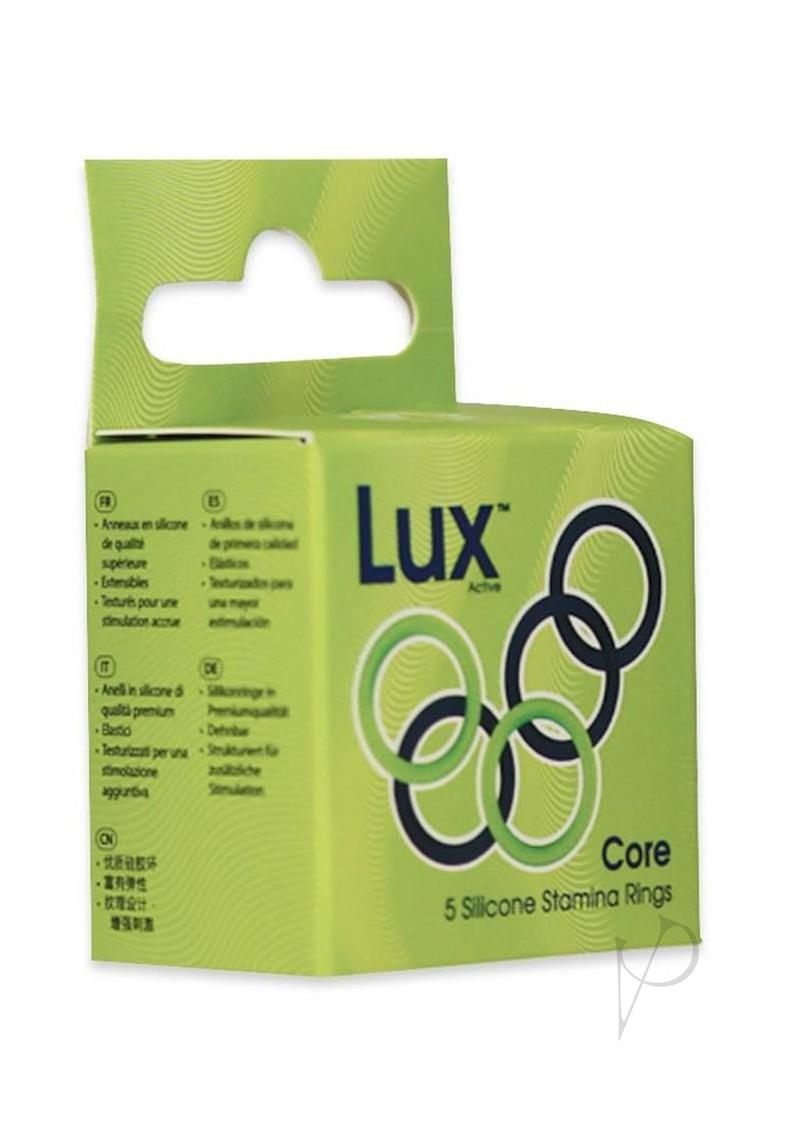 LUX Active Core Silicone Stamina Rings 5 Pack Navy Green product packaging showcasing premium silicone rings.