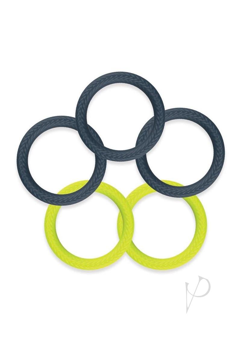 LUX Active Core Silicone Stamina Rings 5 Pack Navy Green, silicone rings in navy and green for enhanced stamina and performance.