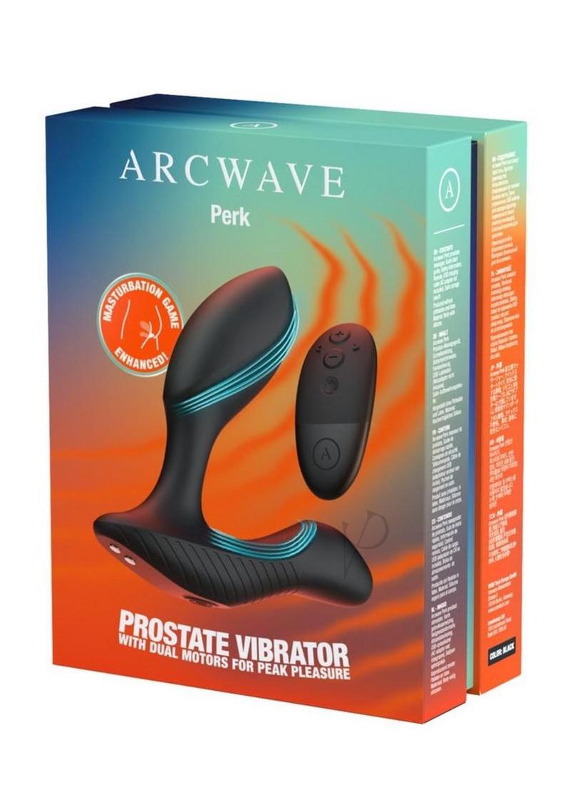 Arcwave Perk Rechargeable Silicone Prostate Massager Black packaging showcasing dual motors for peak pleasure.