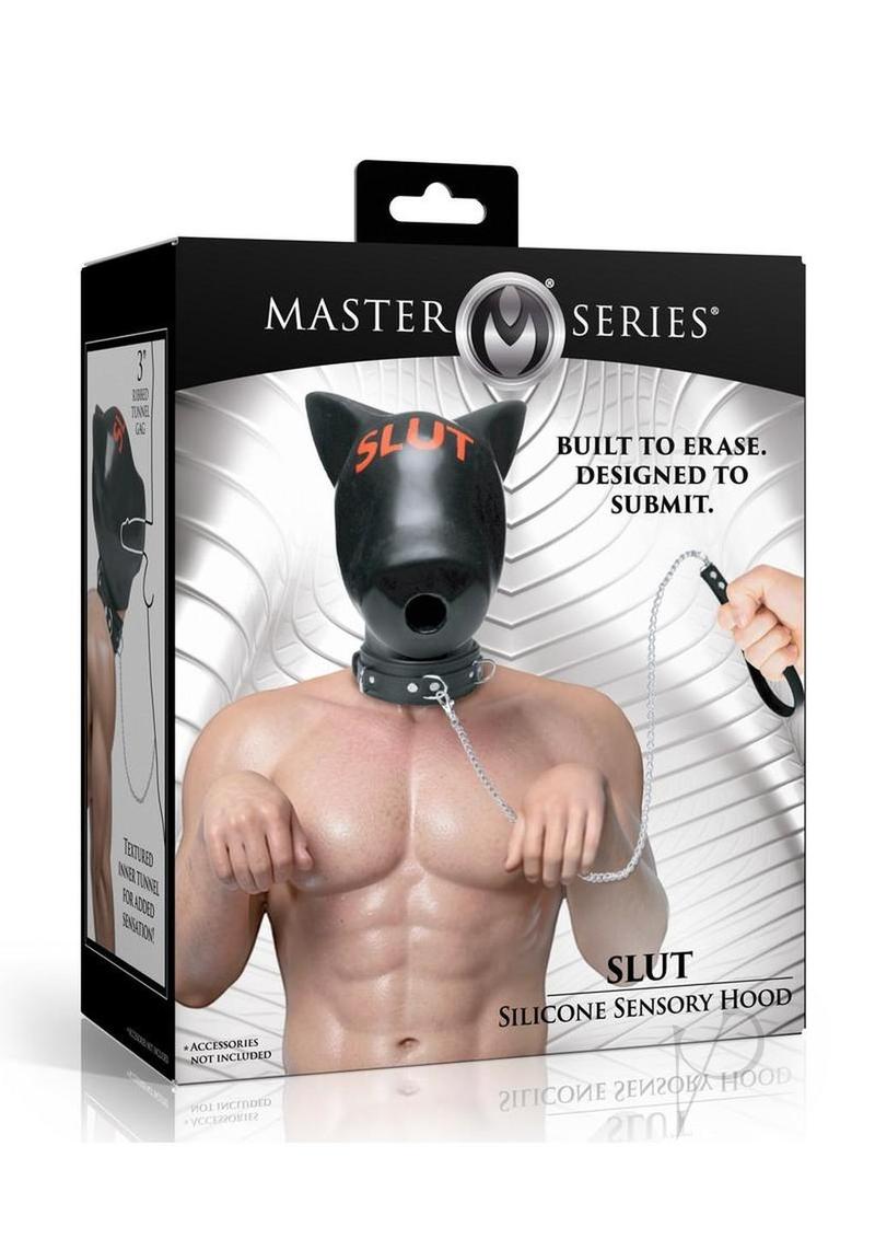 Master Series Slut Silicone Sensory Hood Black/Red packaging featuring a headgear and chain.