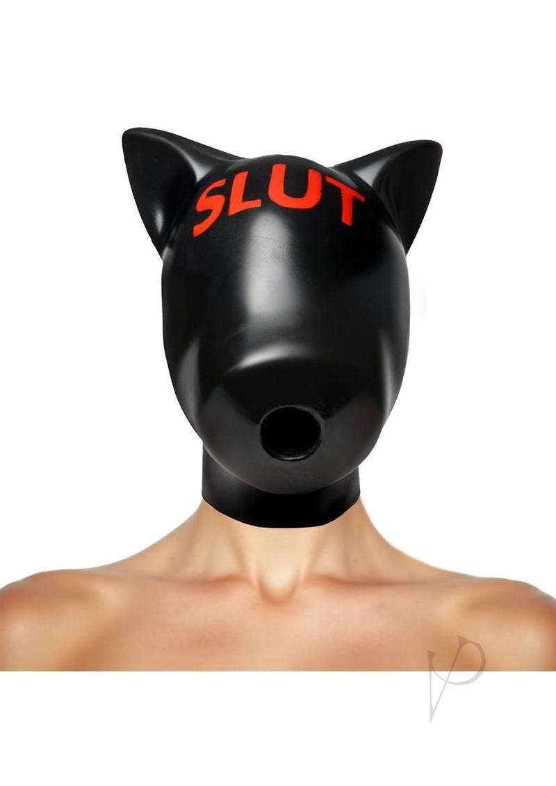 Master Series Slut Silicone Sensory Hood Black/Red with textured gag and sensory deprivation design.