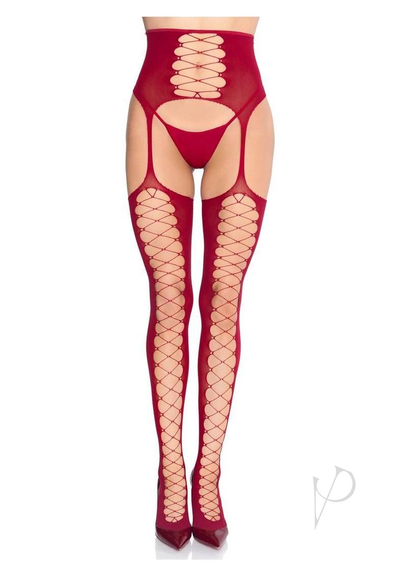 Leg Avenue Faux Lace-Up Stockings with Garter Belt Burgundy displayed with lace-up design and high-waisted garter belt.