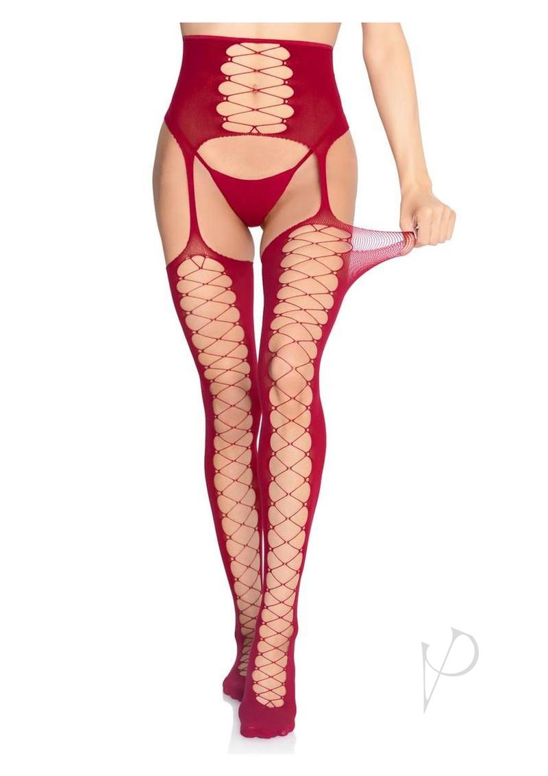 Leg Avenue Faux Lace-Up Stockings with Garter Belt Burgundy showcasing faux lace-up details and a cincher garter belt.