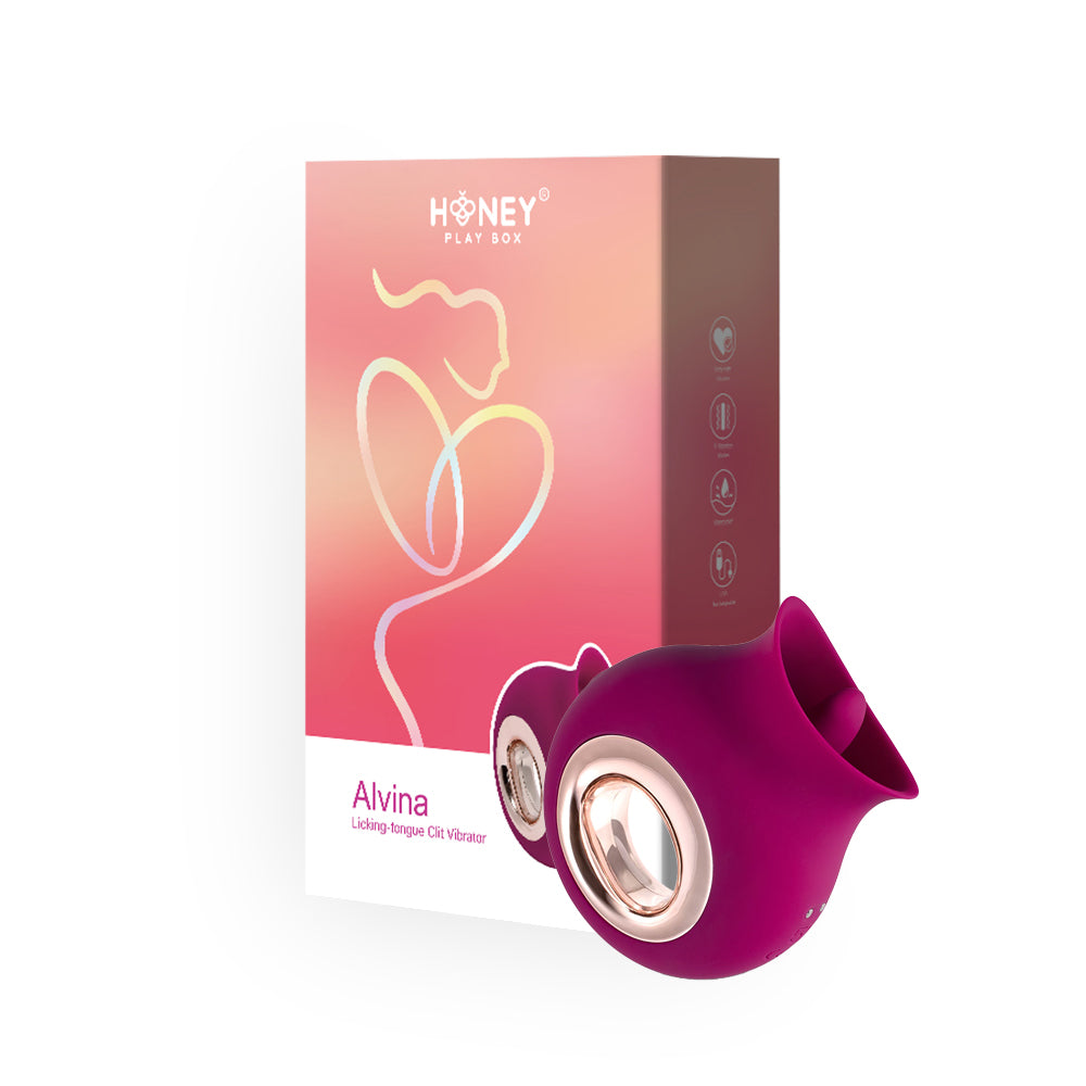 Honey Play Box Alvina Tongue Licking Clitoral Vibrator packaging and product showcasing its elegant magenta design.