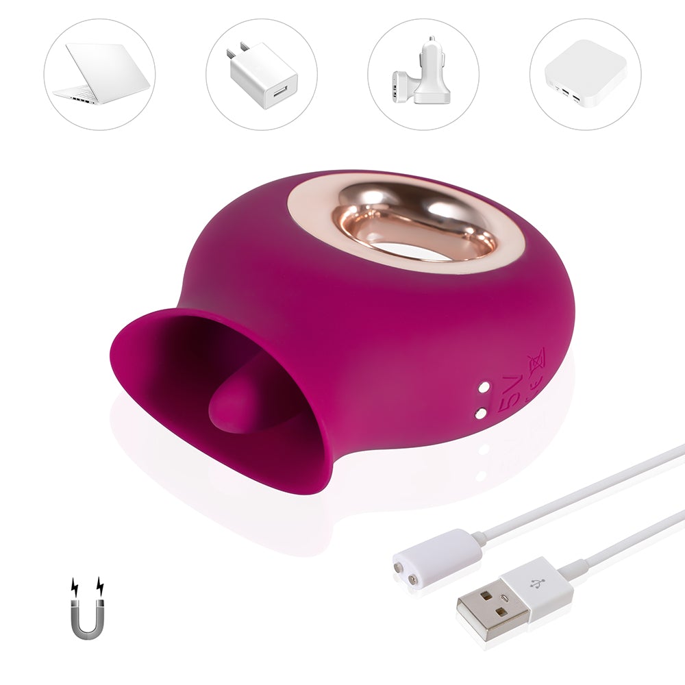 Honey Play Box Alvina Tongue Licking Clitoral Vibrator in magenta with charging cable and elegant design.