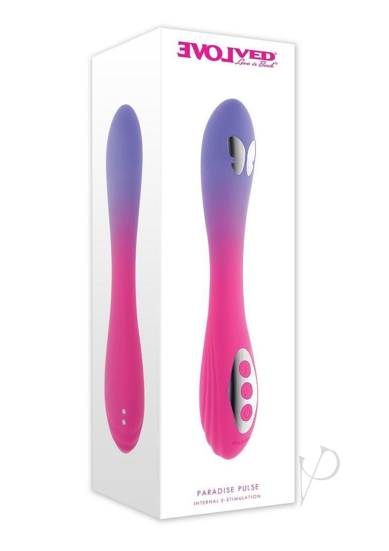 Evolved Paradise Pulse Butterfly Vibrator Pink/Purple packaging showcasing its vibrant colors and features.
