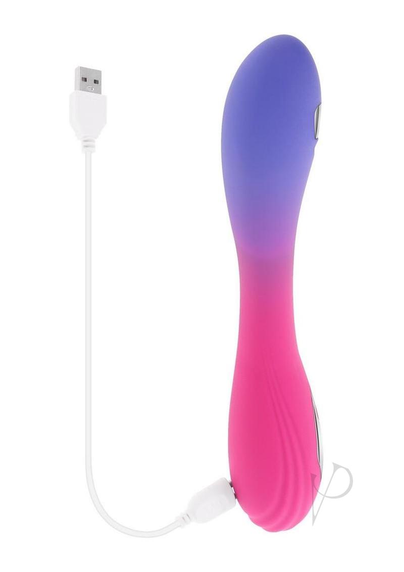 Evolved Paradise Pulse Butterfly Vibrator Pink/Purple with USB charging cable, showcasing vibrant color and design.