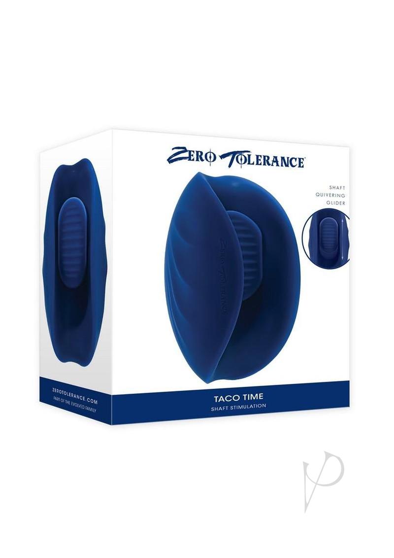 Zero Tolerance Taco Time Rechargeable Silicone Stroker Blue packaging showcasing its innovative design for solo pleasure.