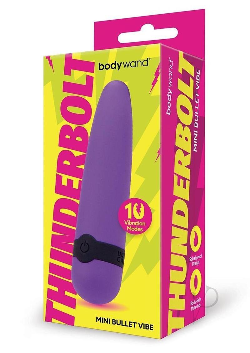 Bodywand Thunderbolt Mini Bullet Vibrator Purple packaging with 10 vibration modes and splashproof design.