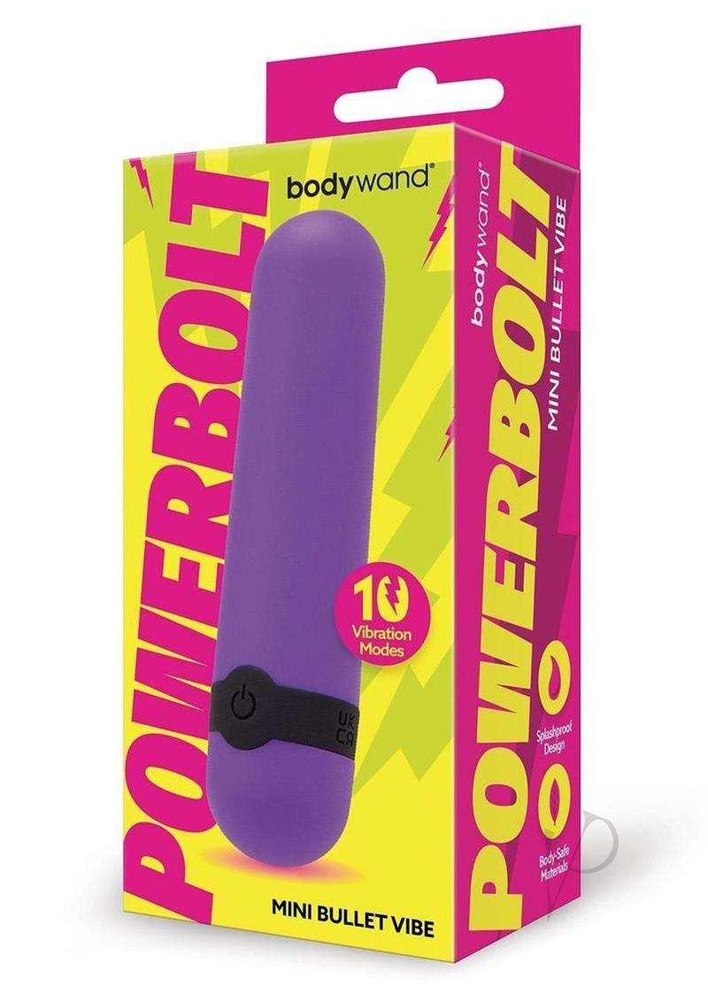 Bodywand Powerbolt Rechargeable Mini Bullet Purple packaging with 10 vibration modes and splashproof design.