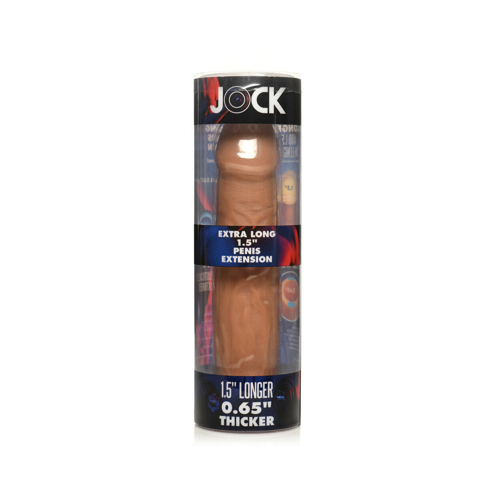 Jock Extra Long Penis Extension Sleeve 1.5 inch Medium packaging showing extra long and thicker features.