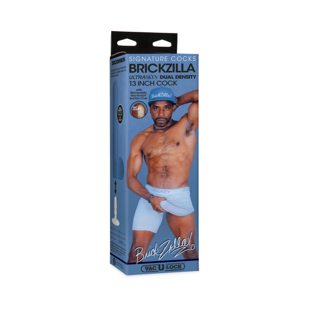 Brickzilla ULTRASKYN Cock 13 inch Ultraskyn Dildo packaging featuring model, showcasing realistic design and branding.