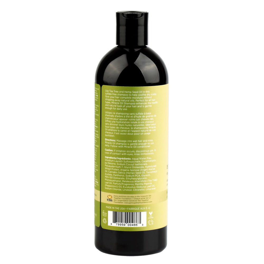 Miracle Oil Tea Tree Shampoo 16 Oz bottle with detailed label information and black cap.