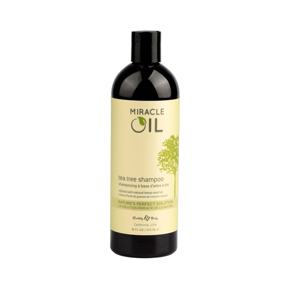 Miracle Oil Tea Tree Shampoo 16 Oz bottle with label highlighting natural ingredients and benefits.
