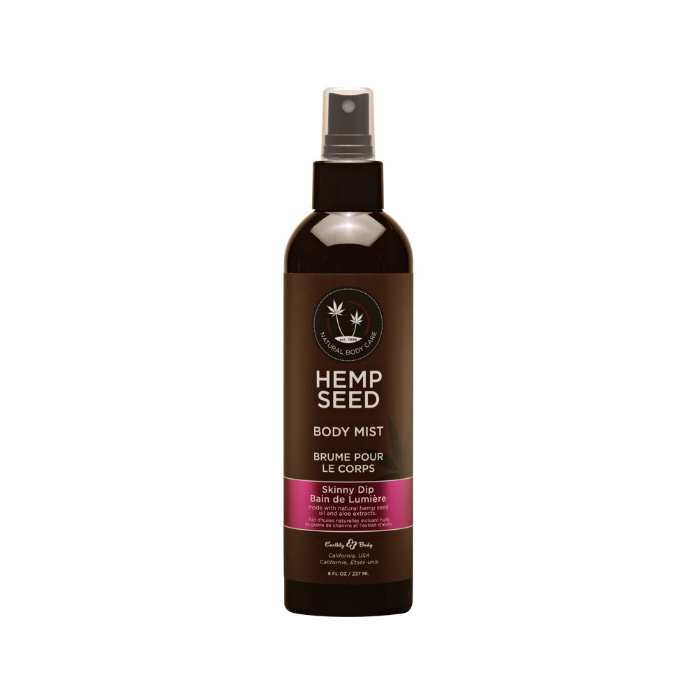 Earthly Body Hemp Seed Body Mist Skinny Dip 8 Oz bottle, light fragrant spray for skin hydration.