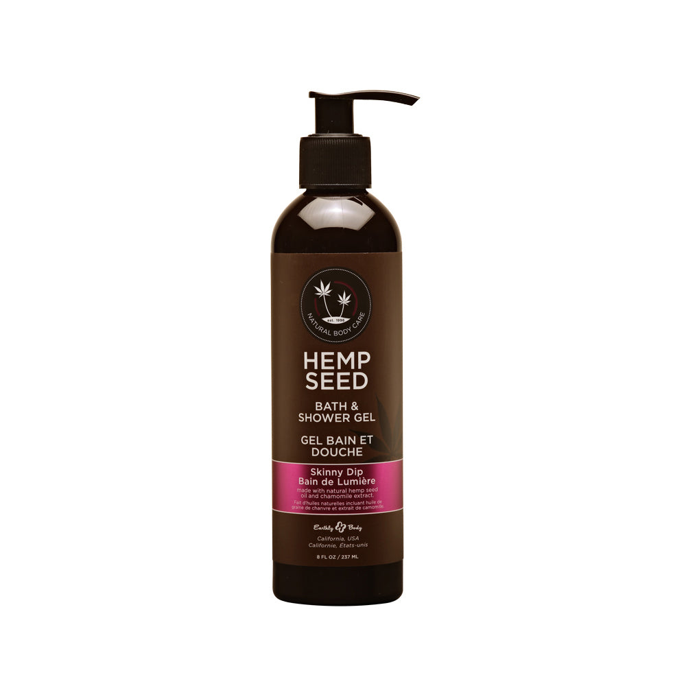 Earthly Body Hemp Seed Bath & Shower Gel Skinny Dip 8 Oz bottle with pump dispenser on white background.