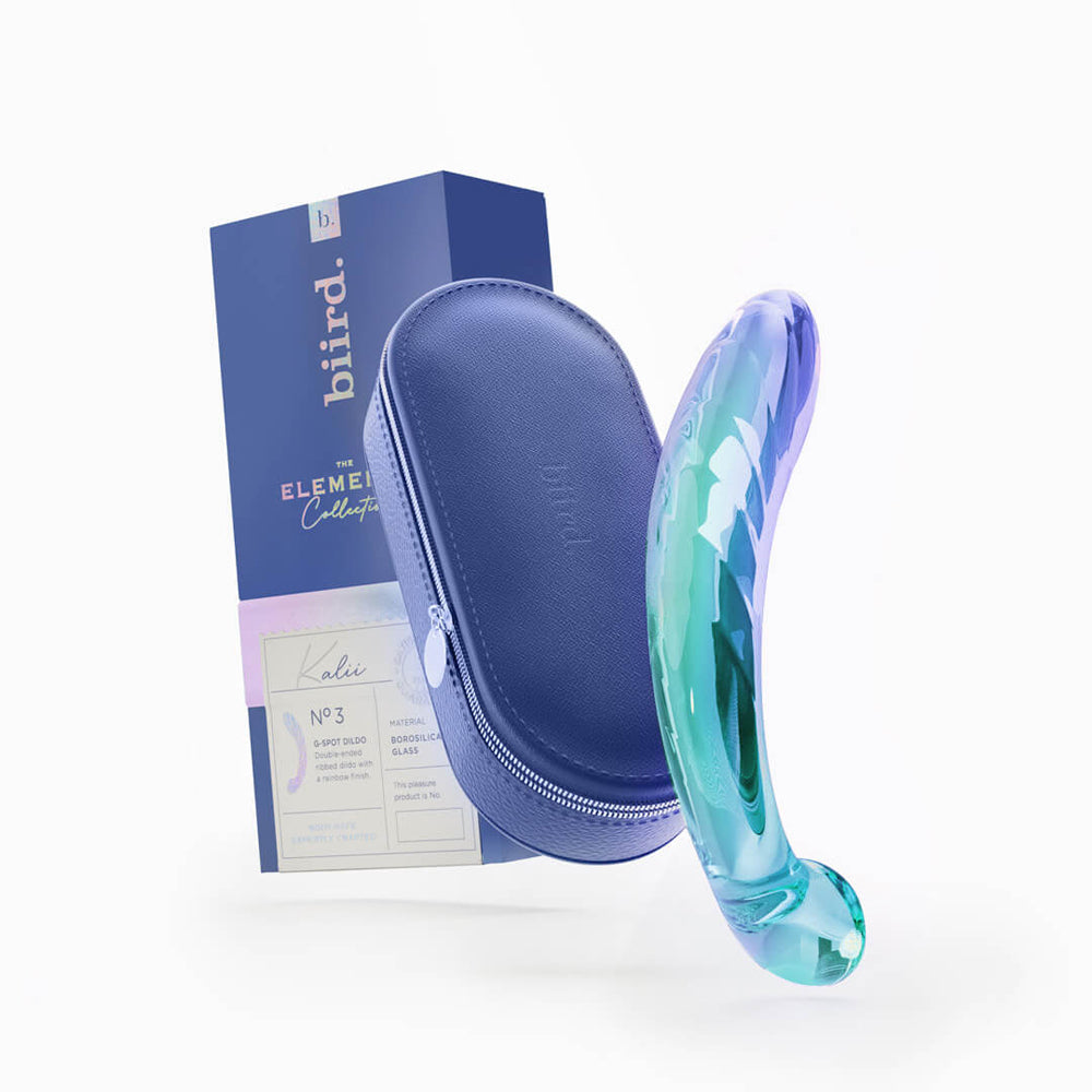Biird Kalii Glass G-spot Dildo with elegant packaging and case, designed for targeted stimulation and refined pleasure.