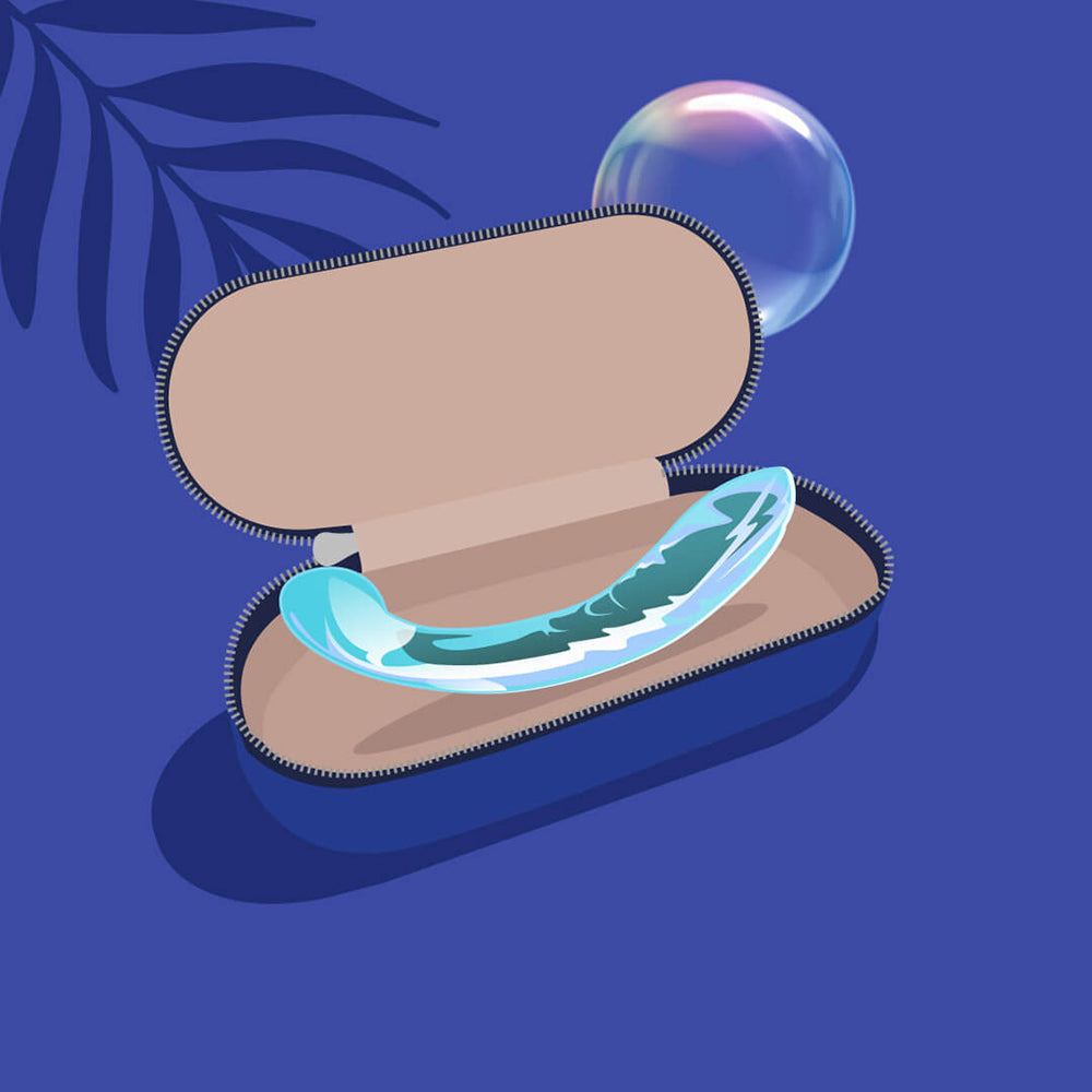 Biird Kalii Glass G-spot Dildo displayed in a sleek case against a vibrant blue background.