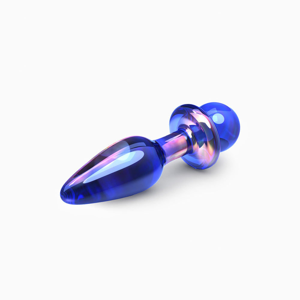 Biird Anii Glass Anal Plug showcased from the side, featuring elegant blue borosilicate glass design.