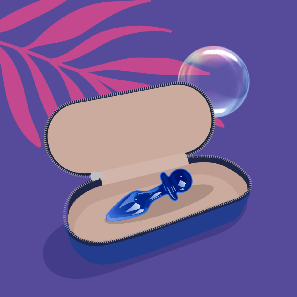 Biird Anii Glass Anal Plug in a blue pouch with a bubble and pink palm leaves.