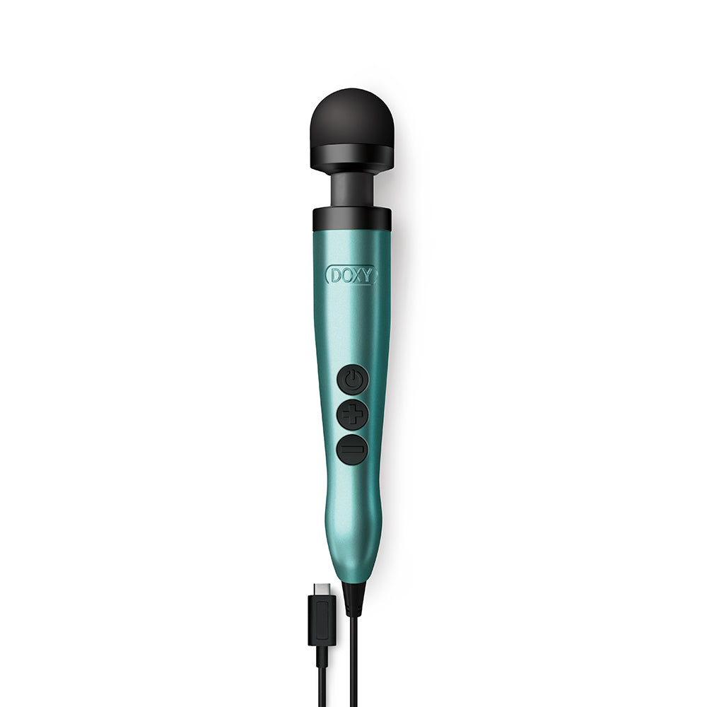 Doxy USB-C Wand Vibrator Turquoise showcasing a sleek design with USB-C charging port and control buttons.