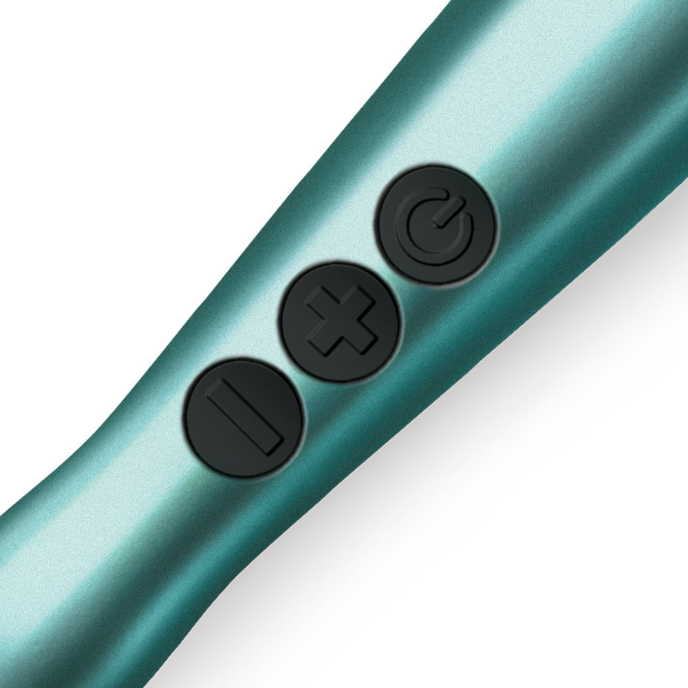 Doxy USB-C Wand Vibrator Turquoise showing control buttons for easy operation.