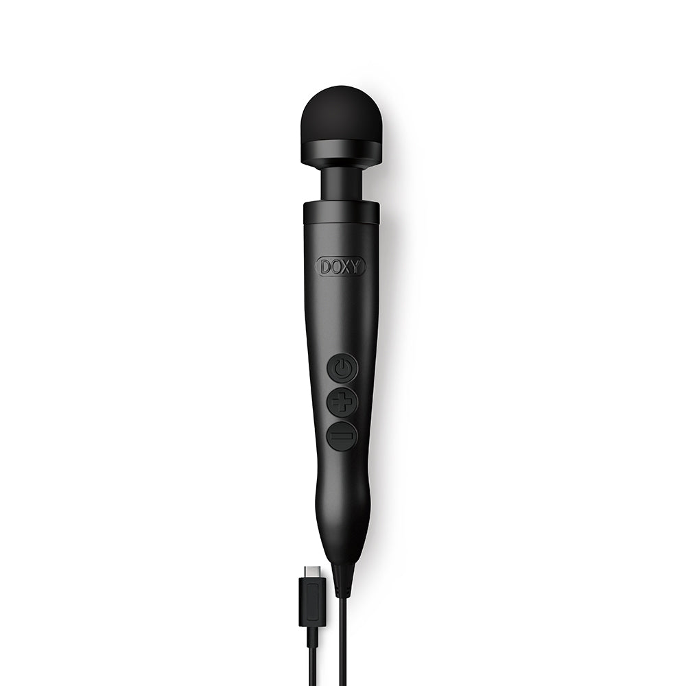 Doxy USB-C Wand Massager Matte Black featuring sleek design and USB-C connector for powerful intimate pleasure.