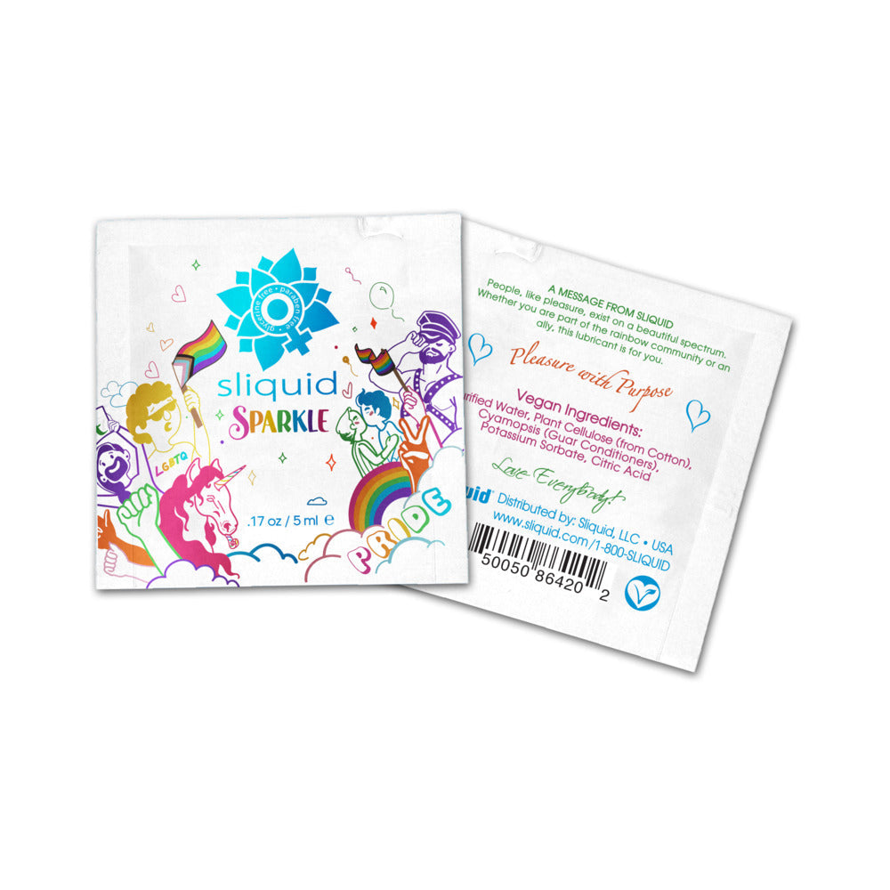 Sliquid Naturals Sparkle Water-Based Lube Pillows 200 Pack single-use package featuring colorful Pride design.