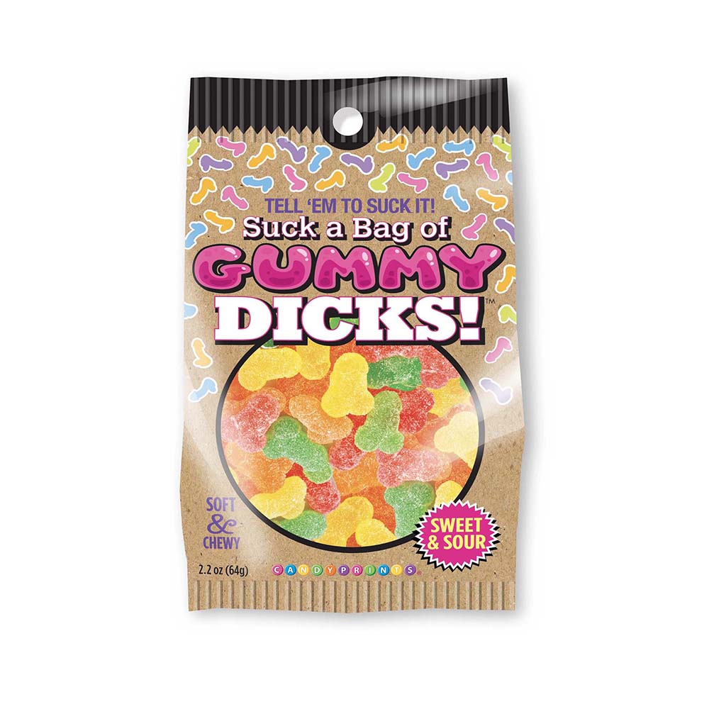 Suck A Bag Of Gummy Dicks 64g Bag featuring colorful fruity gummy candy shapes in a playful package.