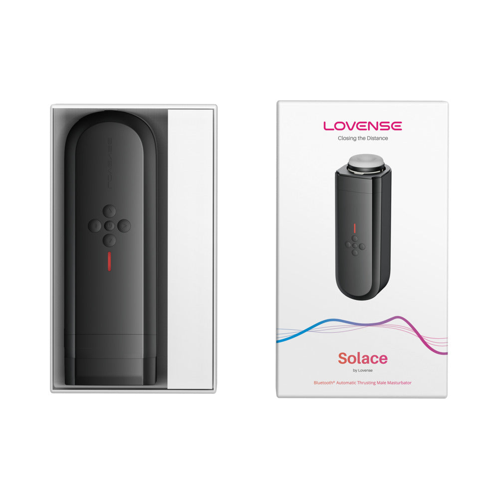 Lovense Solace Automatic Thrusting Masturbator in packaging, showcasing the app-controlled device for customizable motion.