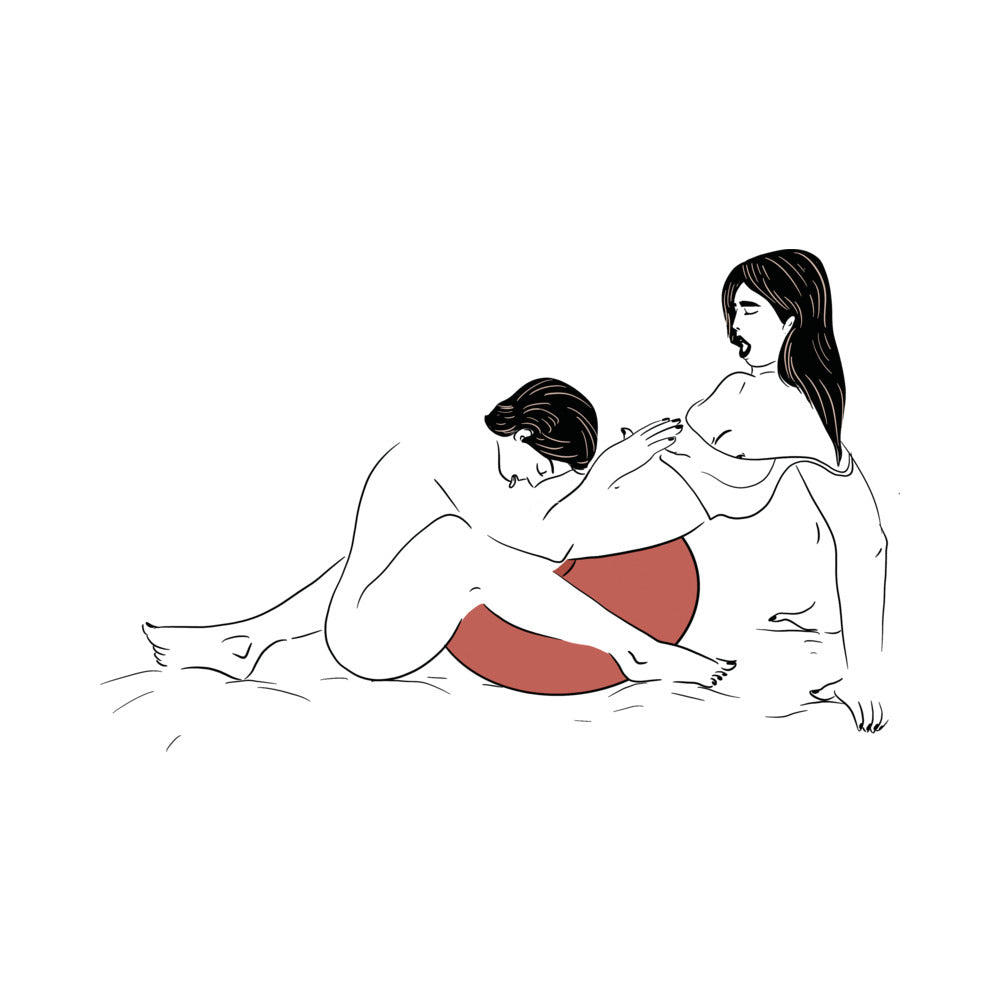 Illustration of two women interacting on a comfortable surface with a focus on intimacy and connection.