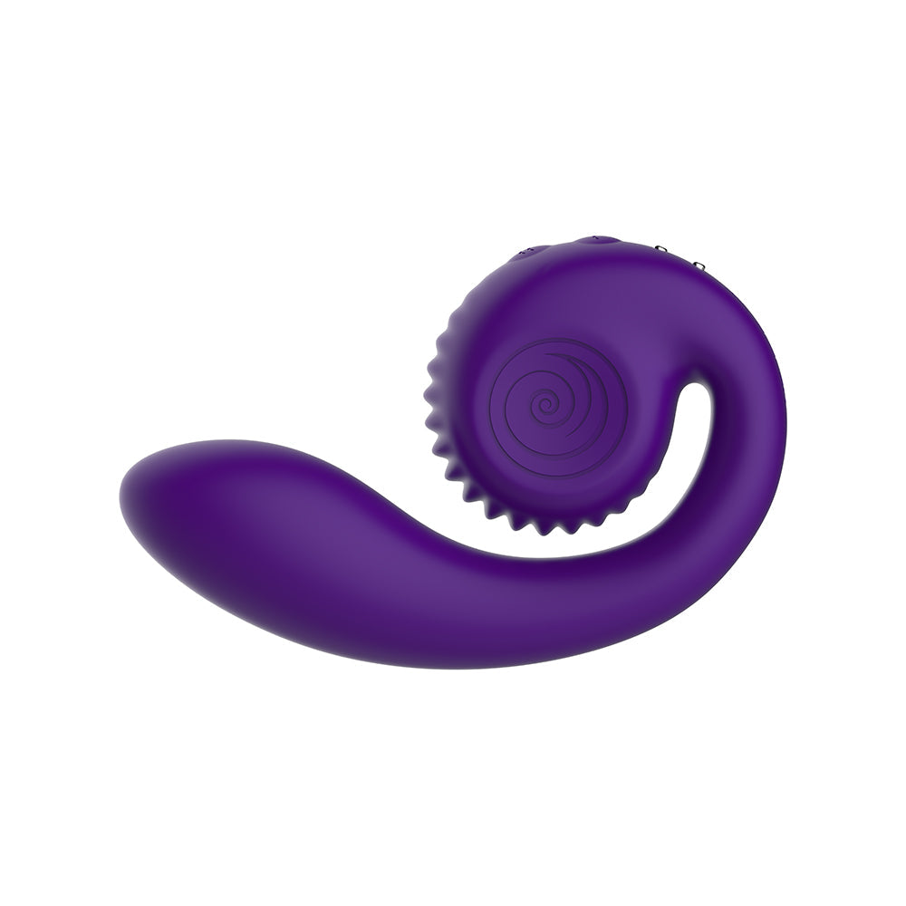 SVibe Snail Gizi Dual G-spot Vibrator Purple showcasing its ergonomic design and textured spiral head.