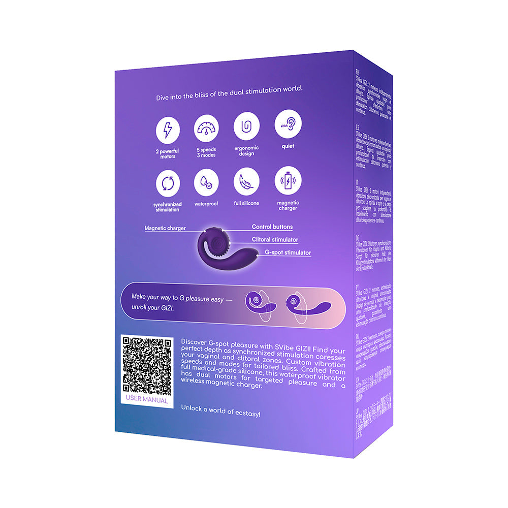 SVibe Snail Gizi Dual G-spot Vibrator Purple packaging showcasing features and usage instructions.