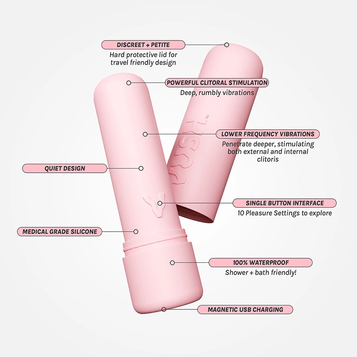 VUSH Gloss Bullet Vibrator features include quiet design, medical-grade silicone, and 10 pleasure settings for targeted stimulation.