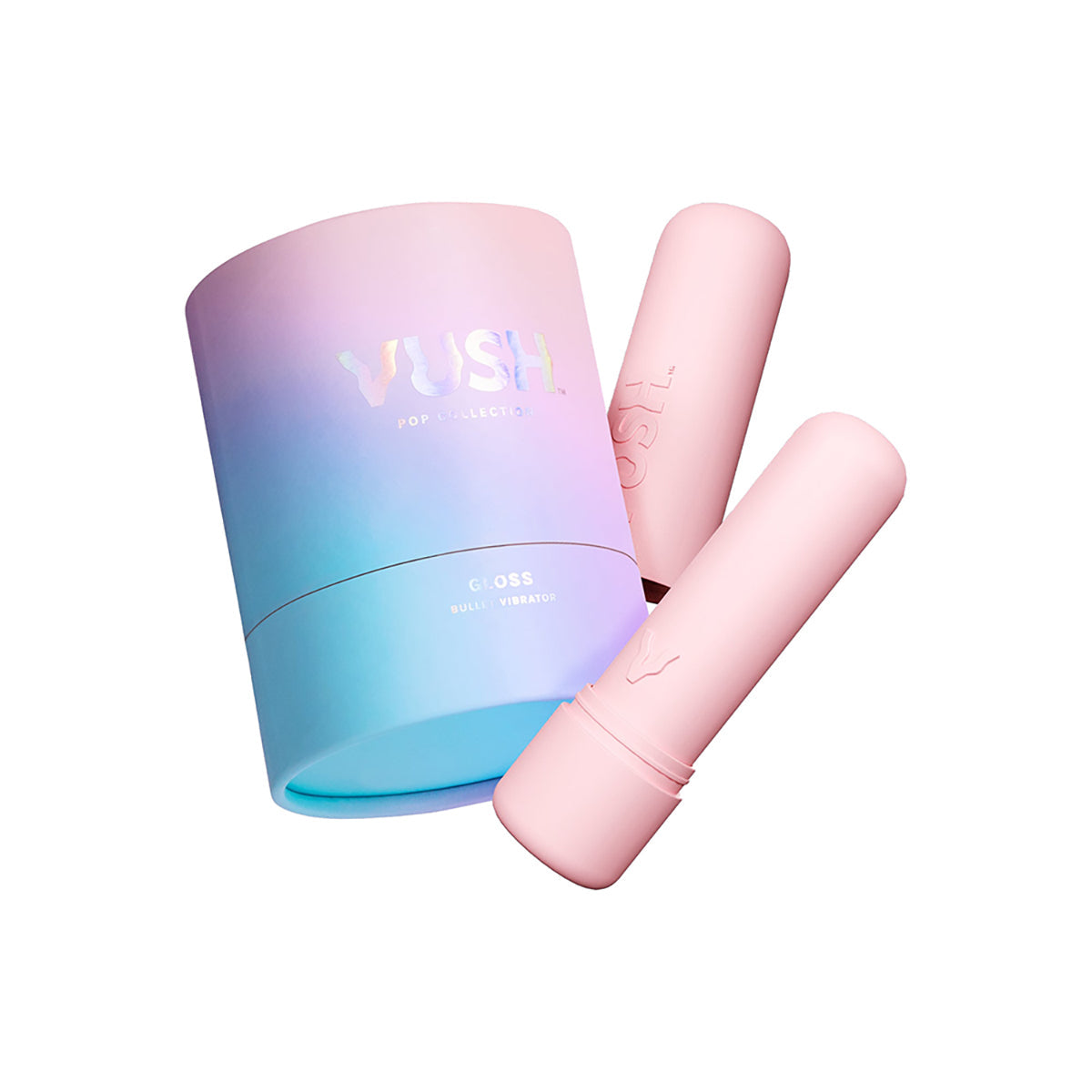 VUSH Gloss Bullet Vibrator in pink packaging with two vibrators, ideal for discreet and targeted stimulation.