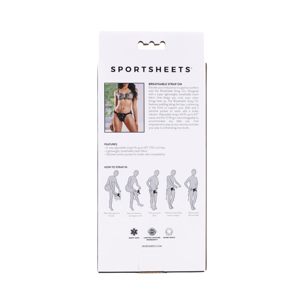 Packaging of Sportsheets Breathable Strap On with product features and instructions for use.