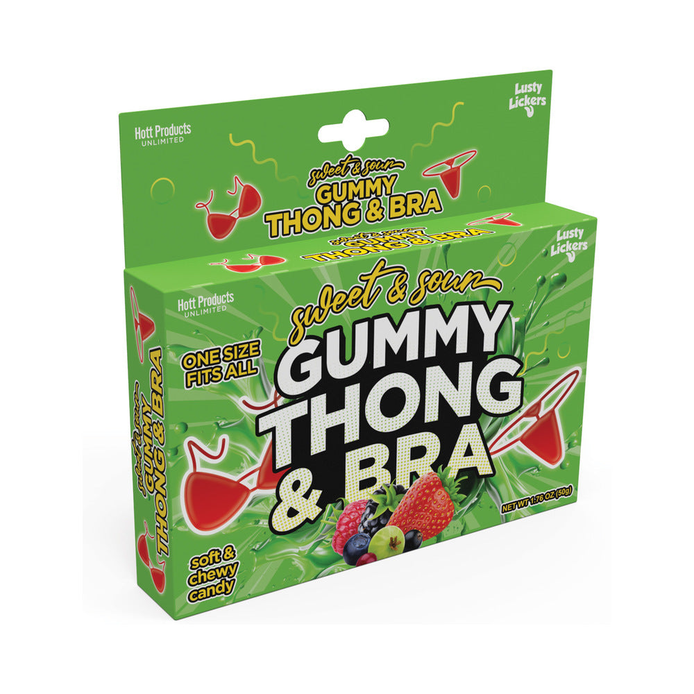 Sweet & Sour Gummy Thong and Bra novelty candy packaging with vibrant colors and fruit illustrations.