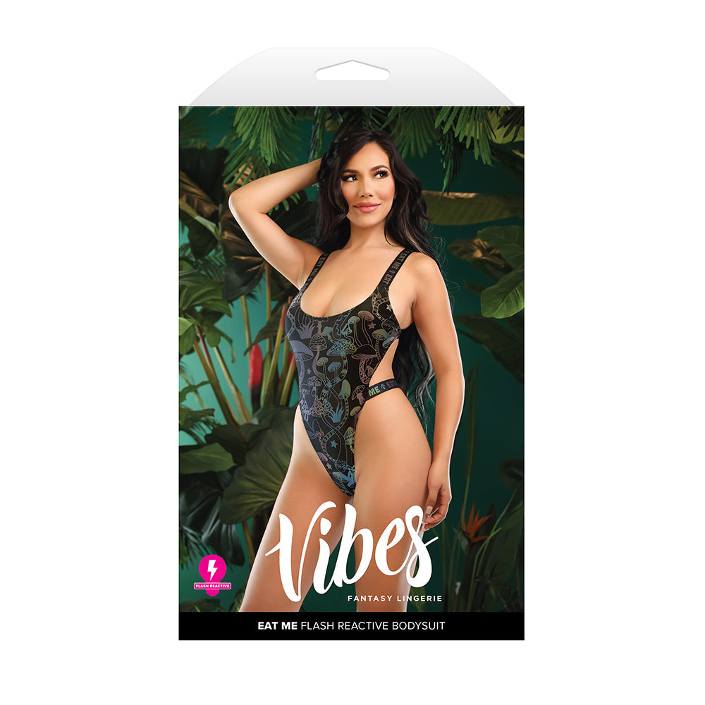 Fantasy Lingerie Vibes Eat Me Mushroom Print Bodysuit S/M displayed on model with vibrant background.