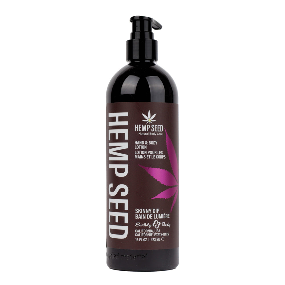 Earthly Body Hemp Seed Hand & Body Lotion Skinny Dip 16 Oz in a pump bottle on a white background
