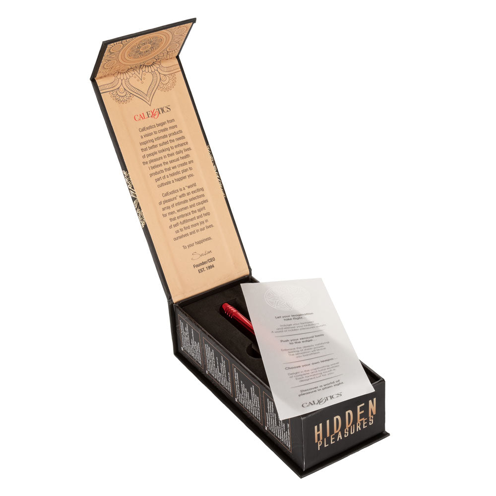 CalExotics Hidden Pleasures Bullet Vibrator Red in elegant packaging with instructions.