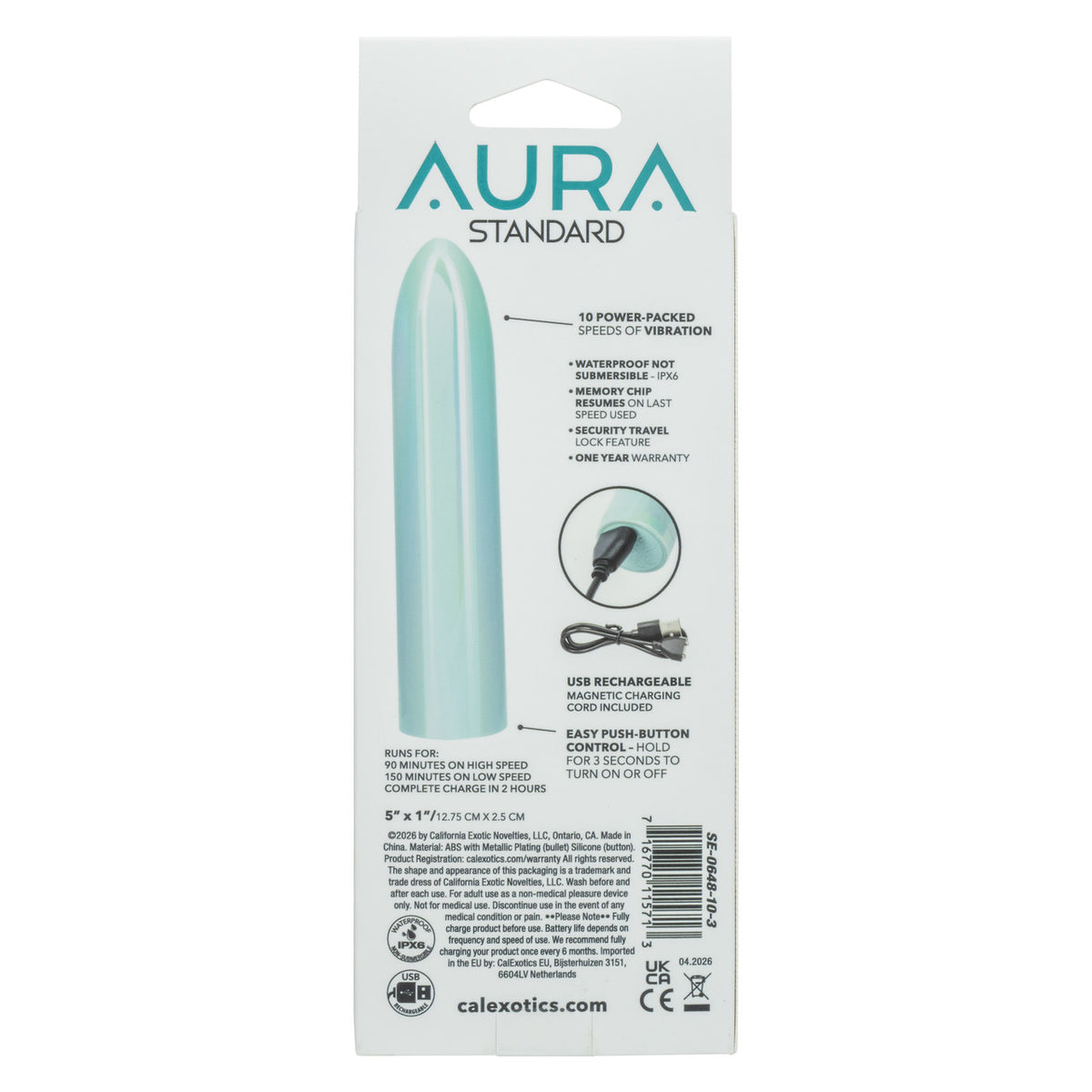 Aura Standard Rechargeable Silicone Stimulator Teal packaging showcasing 10 power-packed speeds of vibration.