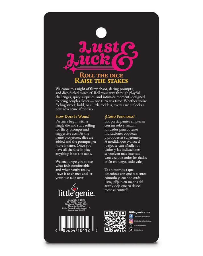 Little Genie Lust & Luck Couples Dice Game instructions on a card for flirty fun and intimacy.