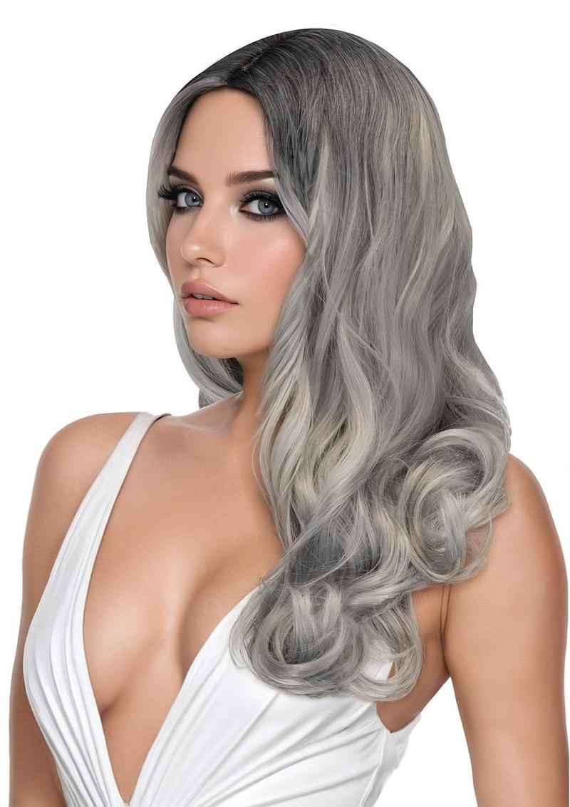 Xgen Celeste Premium Stylable Wig Silver worn by a model featuring soft silver and ash tones.
