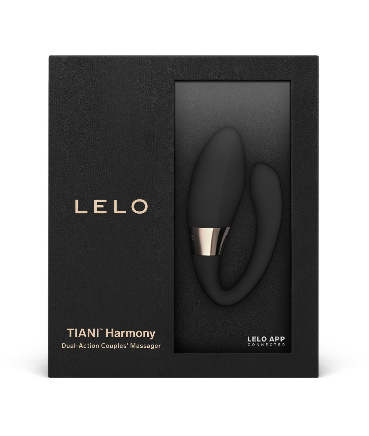 LELO Tiani Harmony App Controlled Couples Vibrator Black packaging with dual-action couples massager