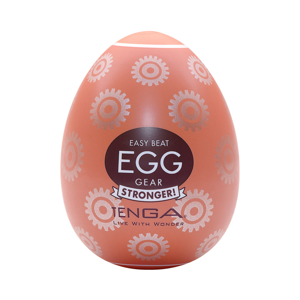 Tenga Egg Gear Disposable Masturbator White in a compact egg-shaped design with gear patterns.