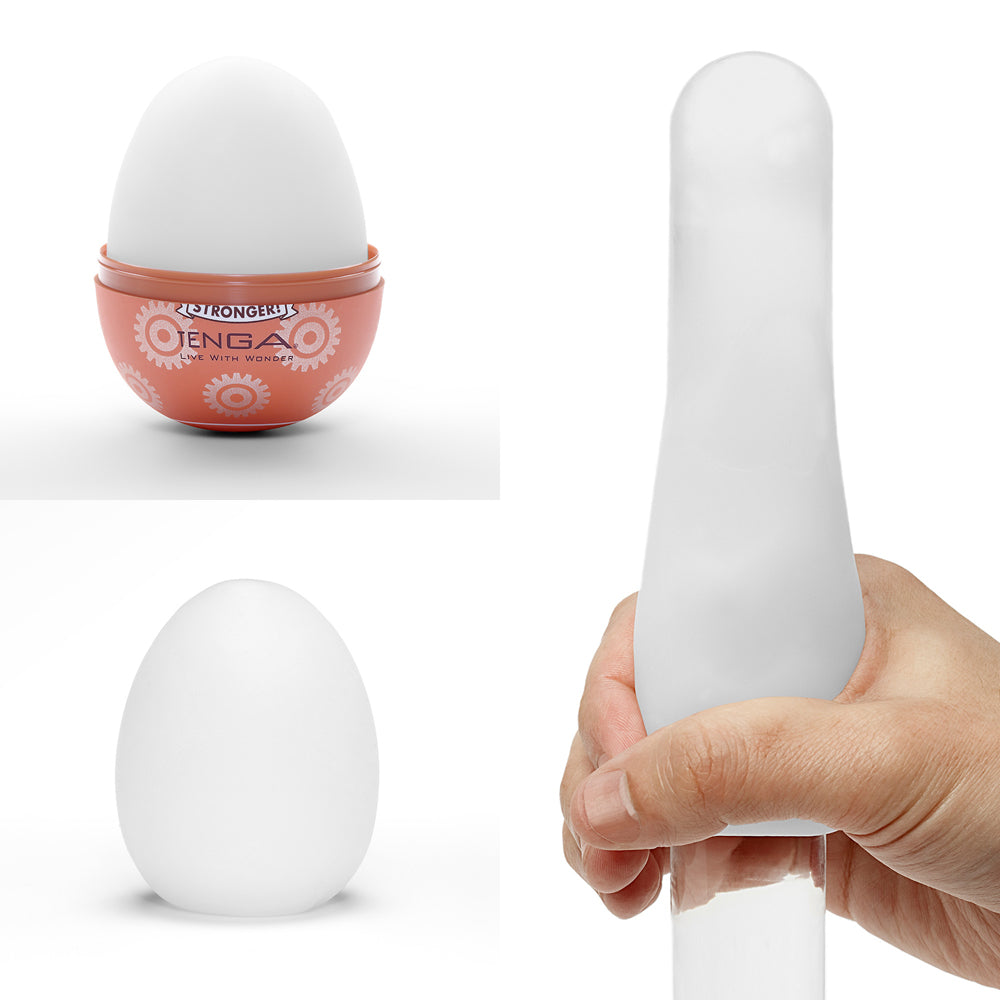Tenga Egg Gear Disposable Masturbator White in various views, showcasing its compact design and textured sleeve.