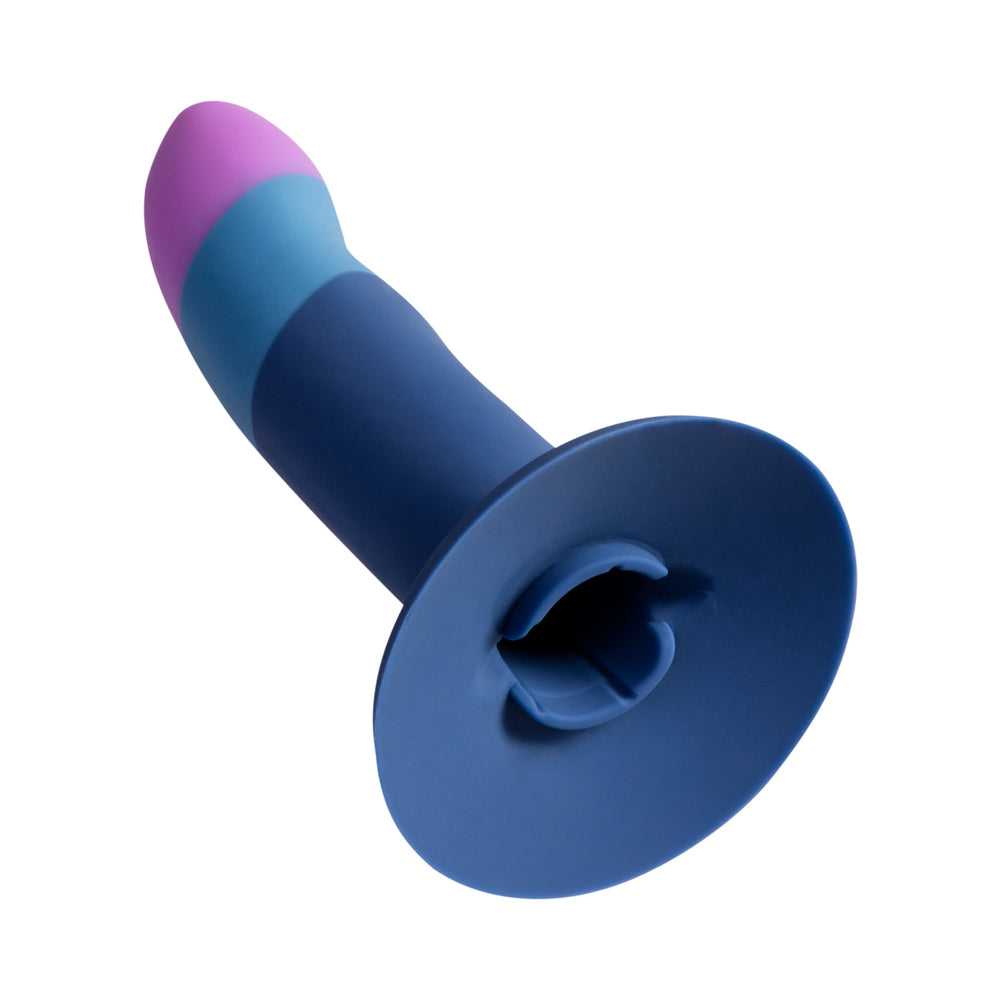 ROMP Piccolo Pegging Kit smooth silicone dildo in blue and pink with adjustable harness.