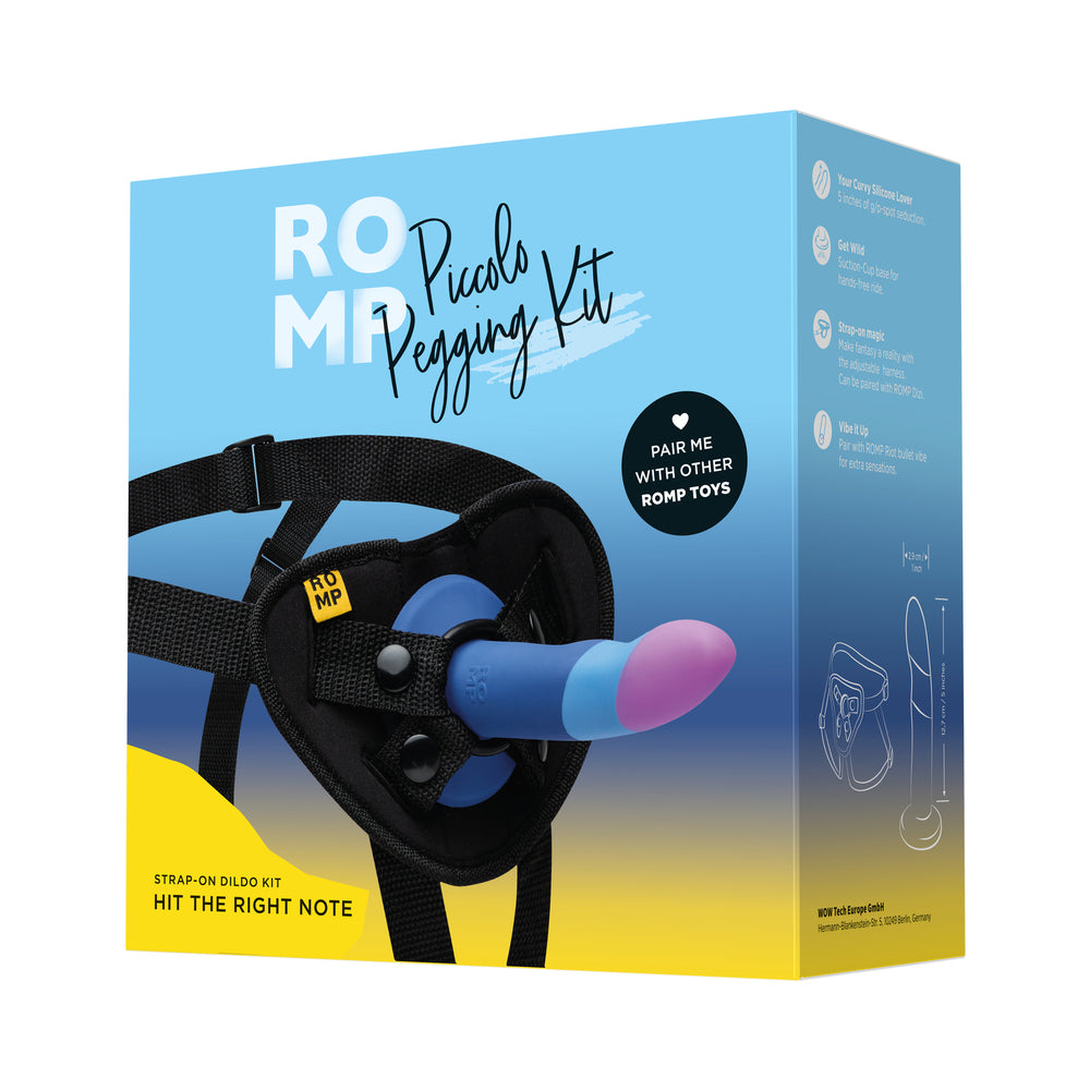 ROMP Piccolo Pegging Kit packaging showcasing the strap-on dildo kit for versatile fun.