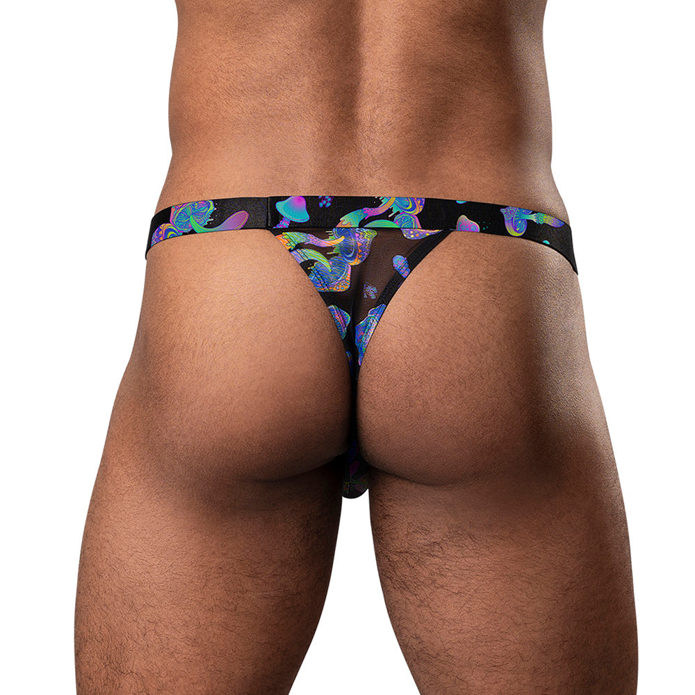 Male Power Hazy Dayz Micro Thong Mushrooms S/M featuring colorful mushroom graphics on sheer mesh fabric.